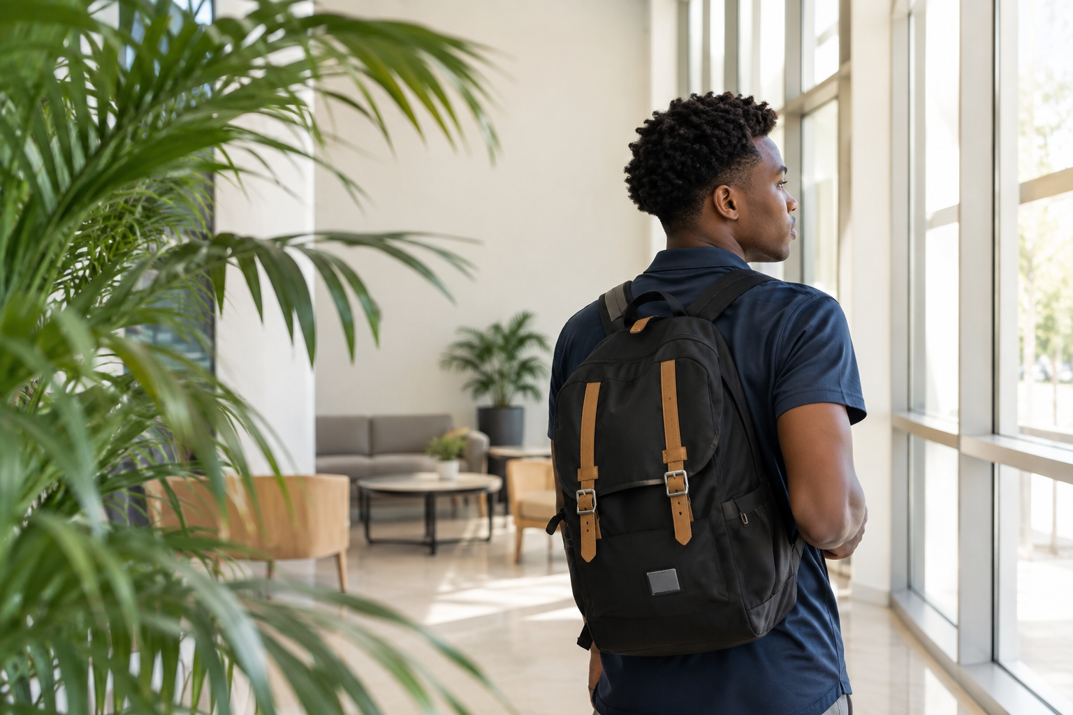 Student with a backpack arriving in a bright university building
