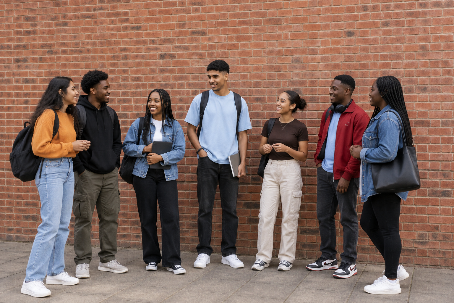Diverse students gathered beside a red brick campus wall