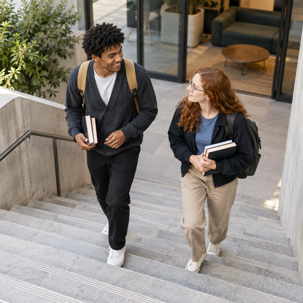 Two students chatting on stone university stairs