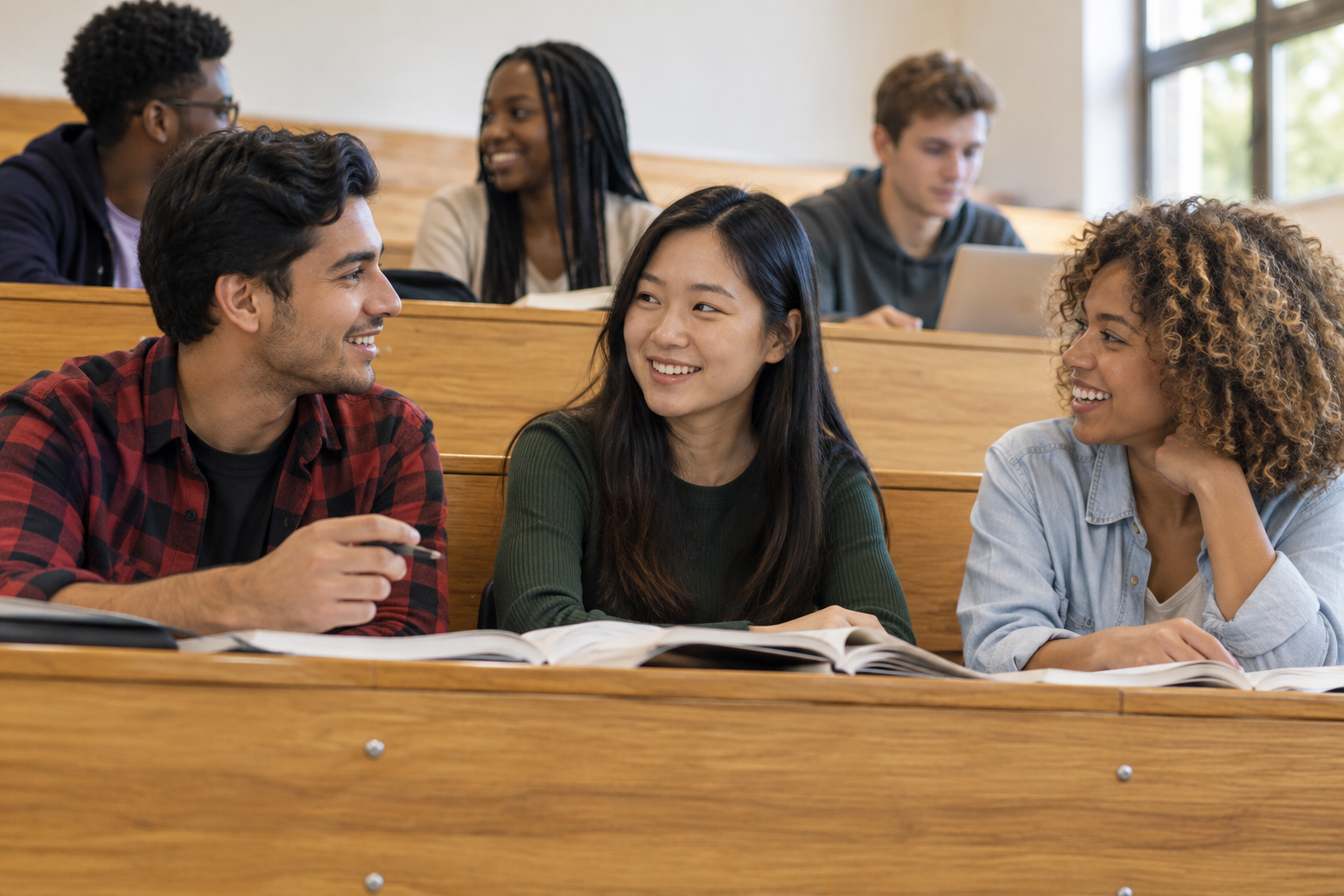 University friends talking in a wooden tiered lecture hall