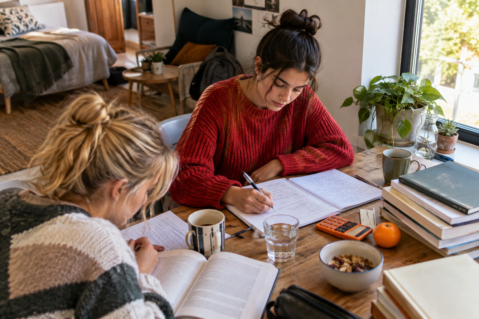 Students studying together at a table beside a window