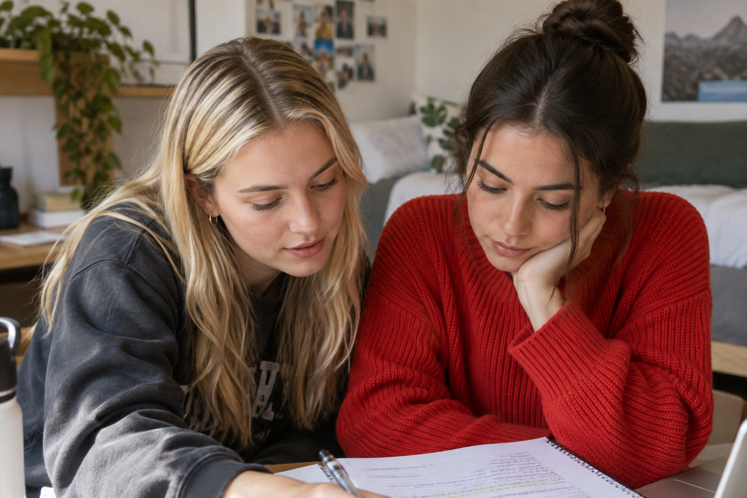 Two students concentrating on shared study notes