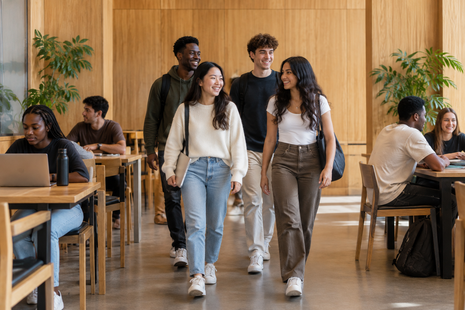 University friends walking through a cafe with plain timber walls