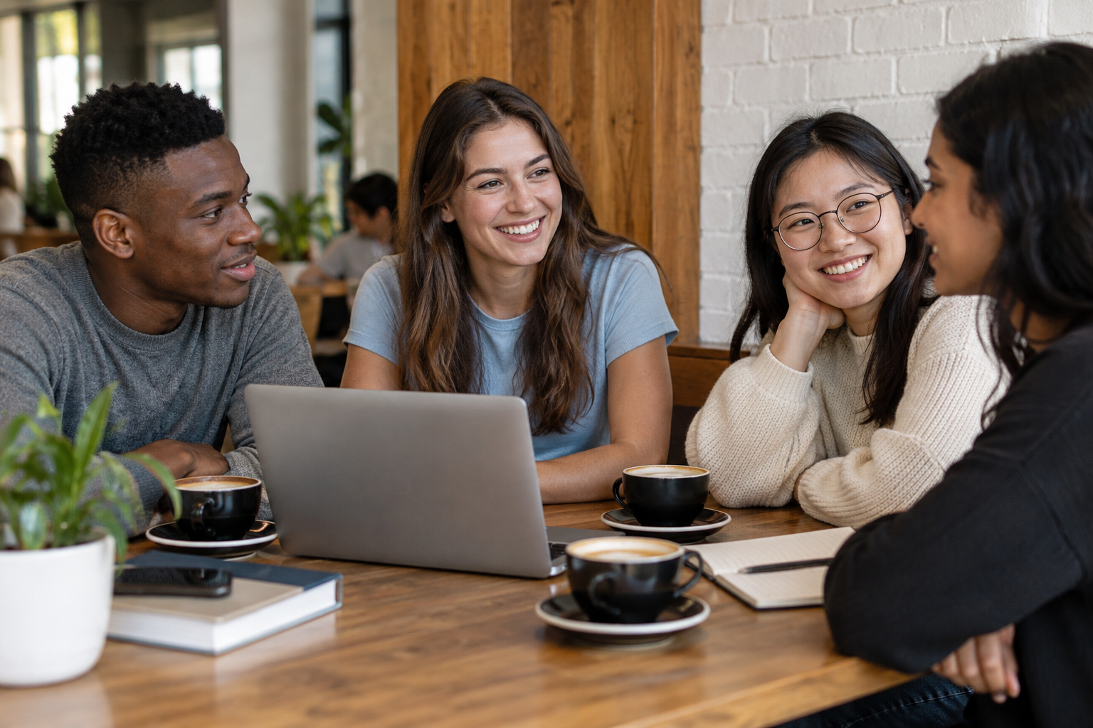Friends sharing coffee and a laptop at a cafe table