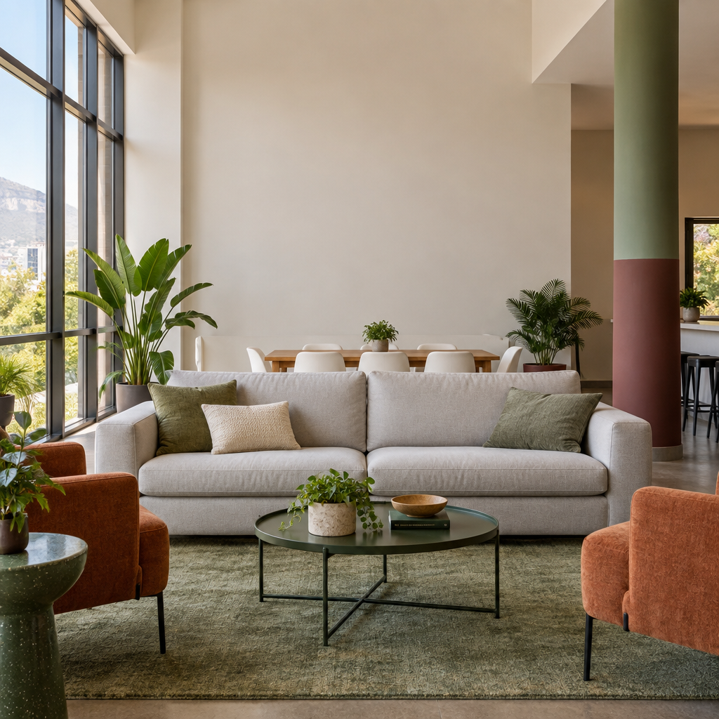 Student residence lounge with gray sofa, rust armchairs, plants and a communal dining table