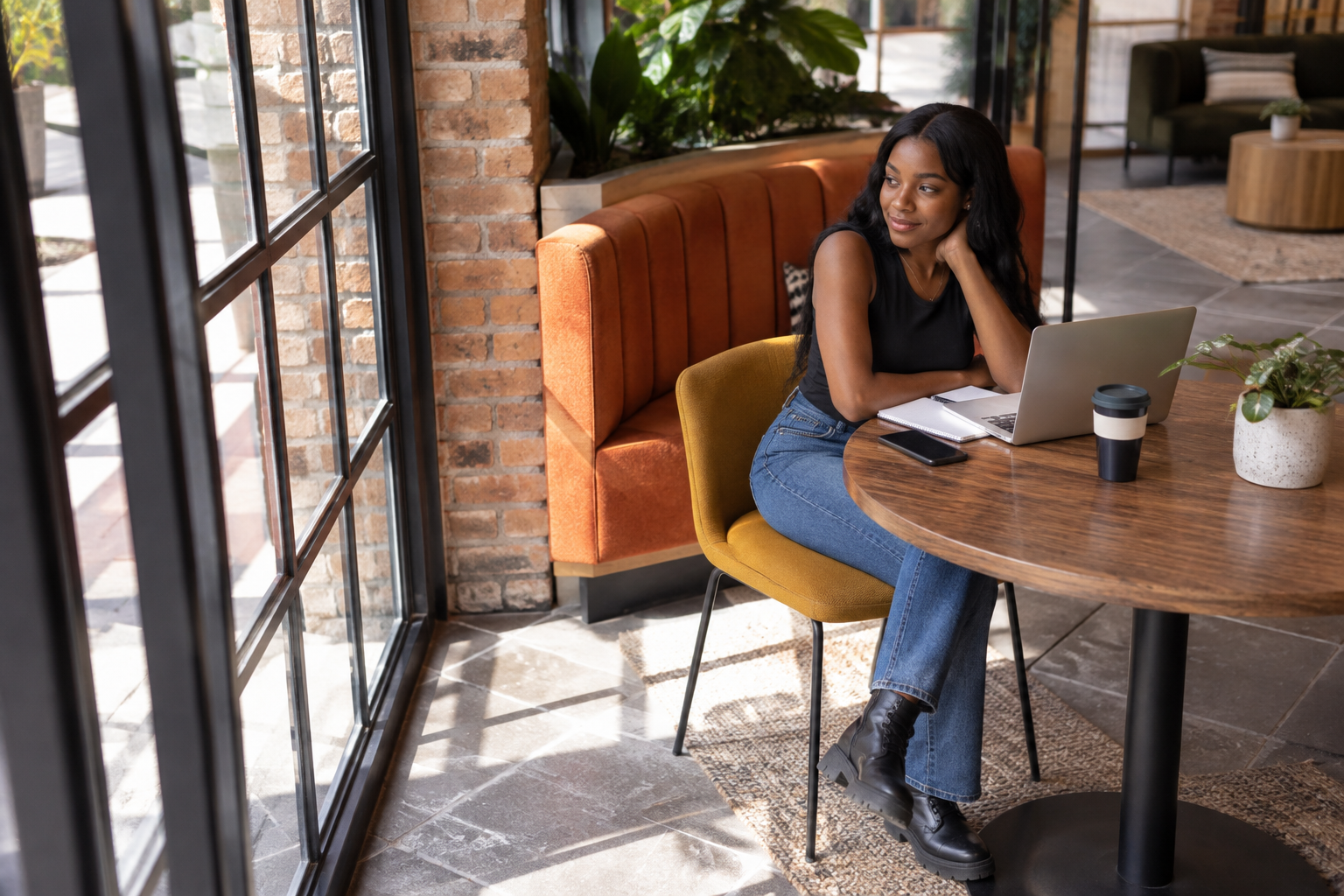 Student seated beside an orange banquette in a sunlit cafe
