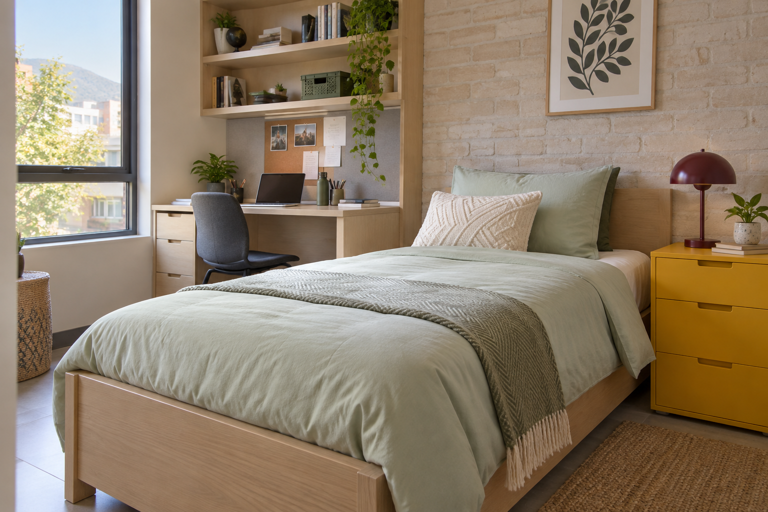 Student bedroom with mint bedding and a yellow bedside cabinet