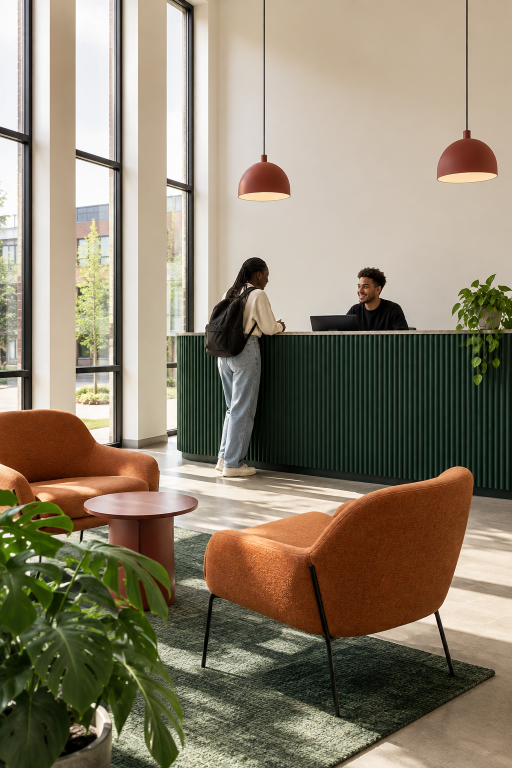 Residence reception with a green counter and orange lounge chairs