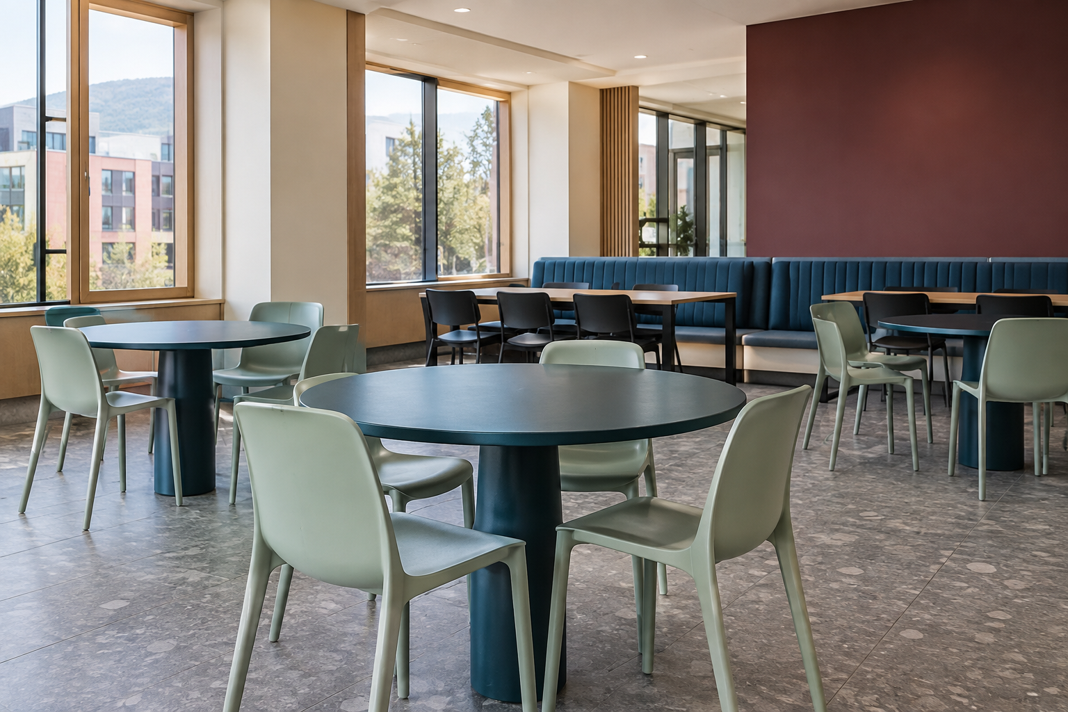 Communal study lounge with mint chairs and teal tables